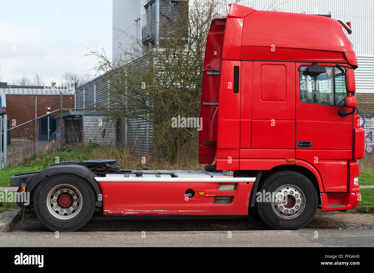 Red haulage truck without semi trailer Stock Photo Alamy