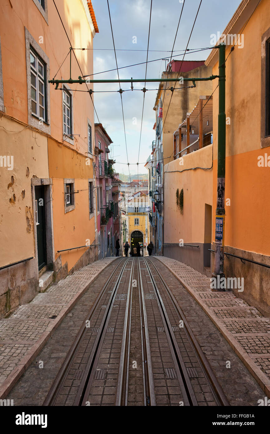 Bica funicular rails in the city of Lisbon, Portugal Stock Photo
