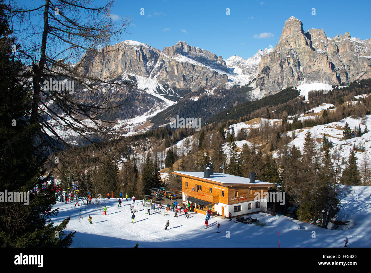 La Baita restaurant in the slopes of Alta Badia, Corvara, Dolomites, Belluno, Italy Stock Photo