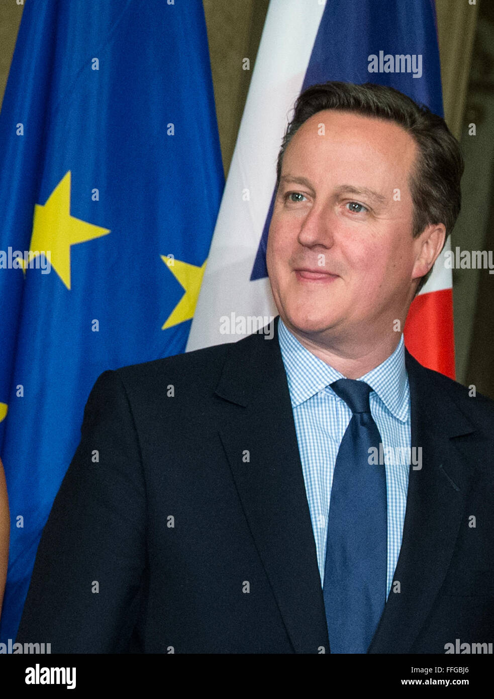 Hamburg, Germany. 12th Feb, 2016. Britain's Prime Minister David Cameron is received by Hamburg's First Mayor Olaf Scholz (not pictured) prior to the annual Matthiae dinner at the city hall of Hamburg, Germany, 12 February 2016. Britain's Prime Minister David Cameron and German Chancellor Angela Merkel are guests of honour at the oldest feast in the world. Since 1356, the leaders of the Hansa city invite distinguished guests to the Matthiae dinner. Photo: CHRISTIAN CHARISIUS/dpa/Alamy Live News Stock Photo