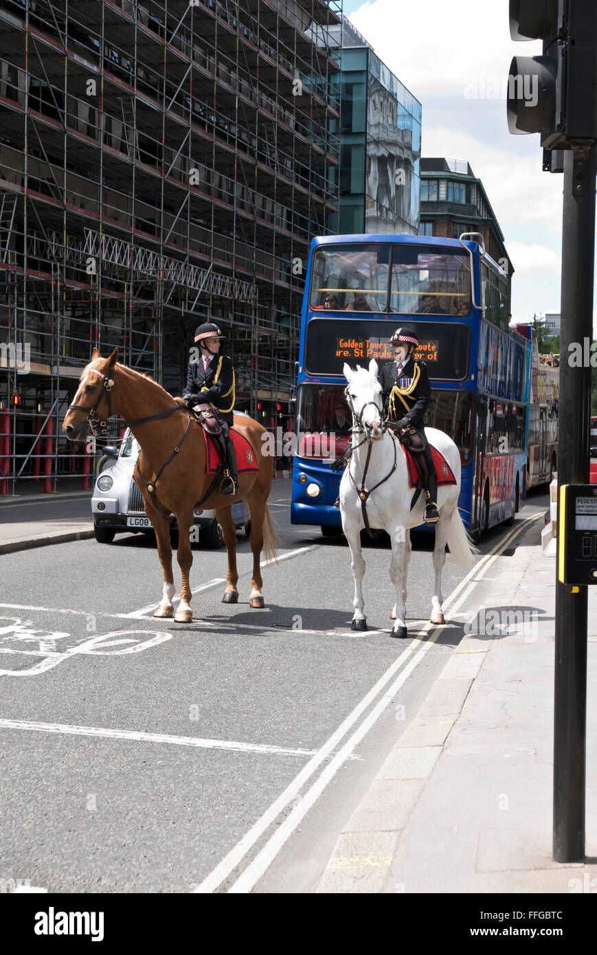 Two mounted uniform Police Officers on the street of London, United Kingdom. Stock Photo