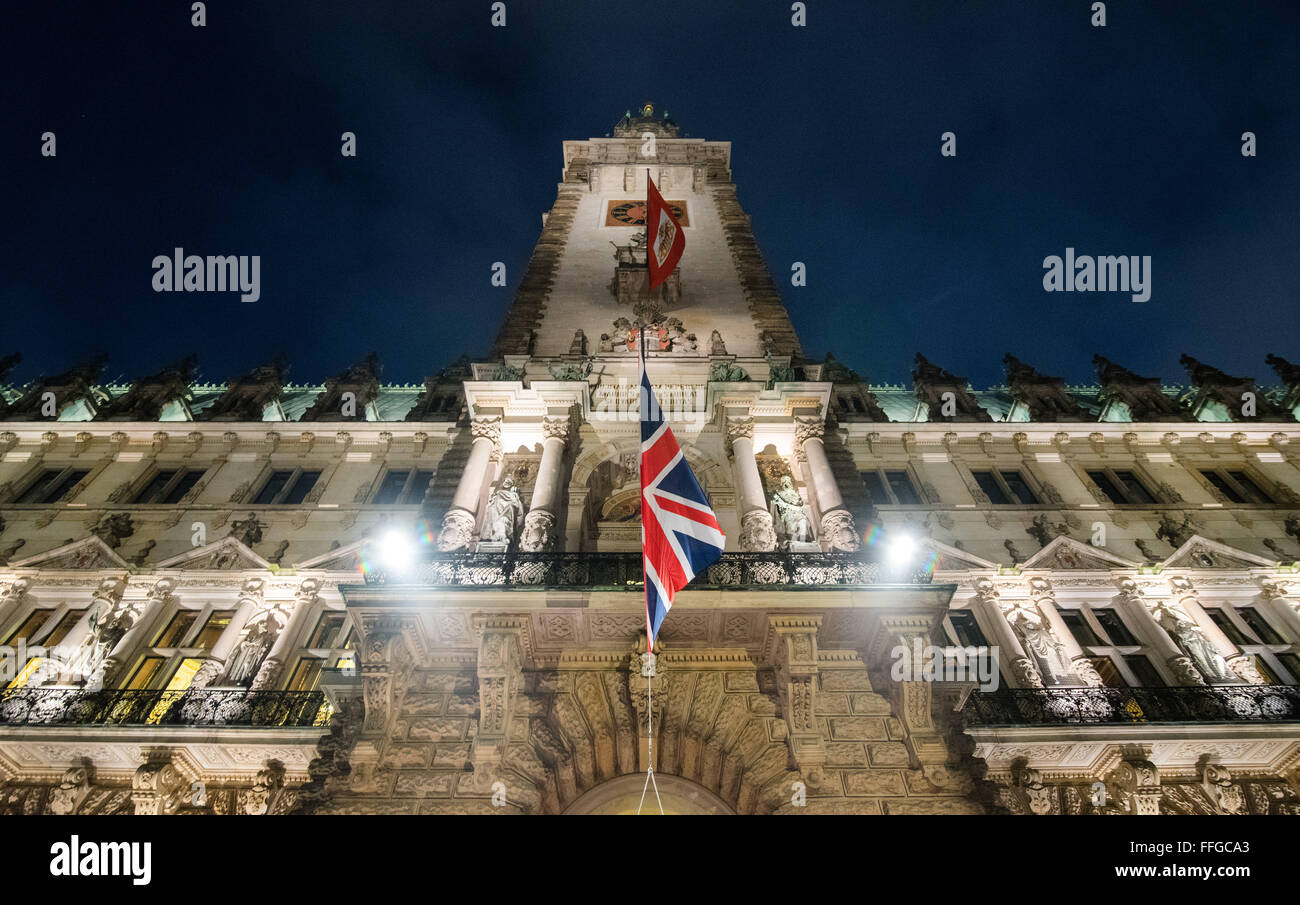 Hamburg, Germany. 12th Feb, 2016. A British flag pictured at the annual Matthiae dinner at the city hall of Hamburg, Germany, 12 February 2016. Britain's Prime Minister David Cameron and German Chancellor Angela Merkel are guests of honour at the oldest feast in the world. Since 1356, the leaders of the Hansa city invite distinguished guests to the Matthiae dinner. Photo: DANIEL BOCKWOLDT/dpa/Alamy Live News Stock Photo