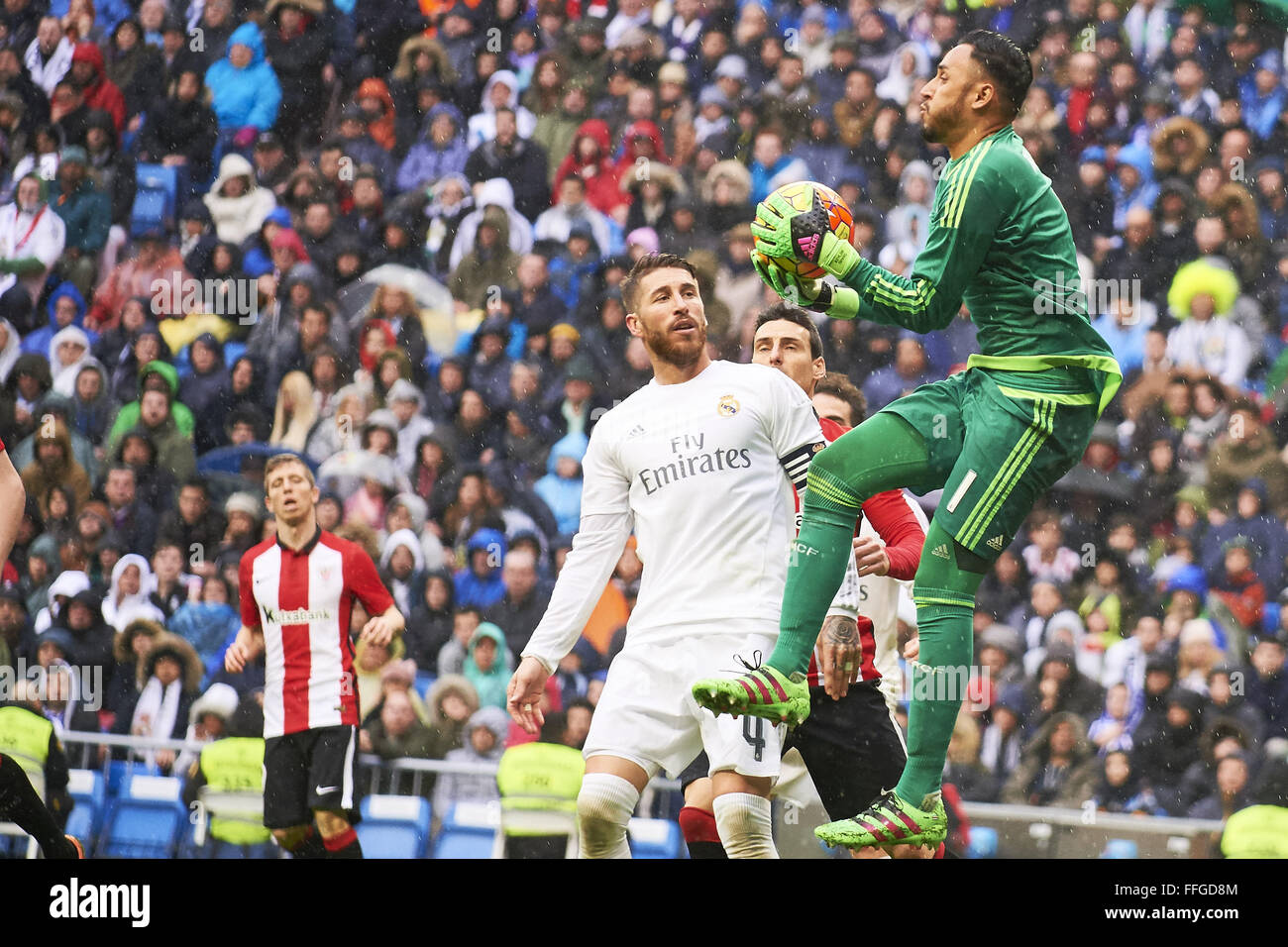 Madrid, Spain. 13th Feb, 2016. Sergio Ramos (defender; Real Madrid), Keylor Navas (goalkeeper; Real Madrid) in action during La Liga match between Real Madrid and Athletic Club Bilbao at Santiago Bernabeu on February 13, 2016 in Madrid Credit:  Jack Abuin/ZUMA Wire/Alamy Live News Stock Photo