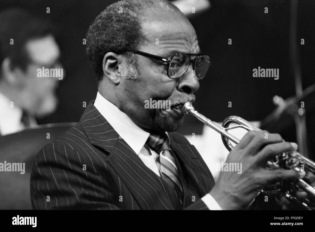 Joe Wilder, jazz musician, at a session arranged by Loren Schoenberg in New York City. The concert was January 20, 1985, at the Vineyard Theater in Manhattan. Stock Photo