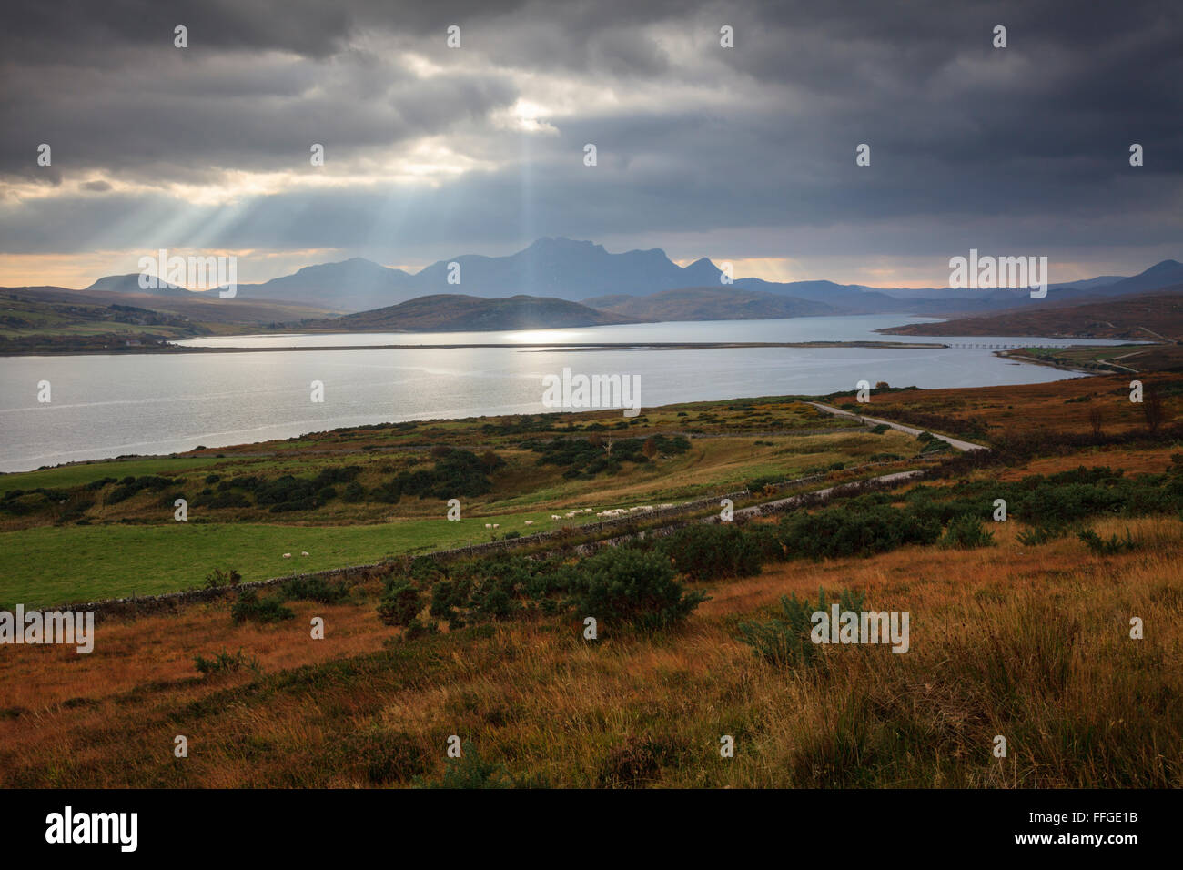 Shafts of light over the Kyle of Tongue in the Scottish Highlands. Stock Photo