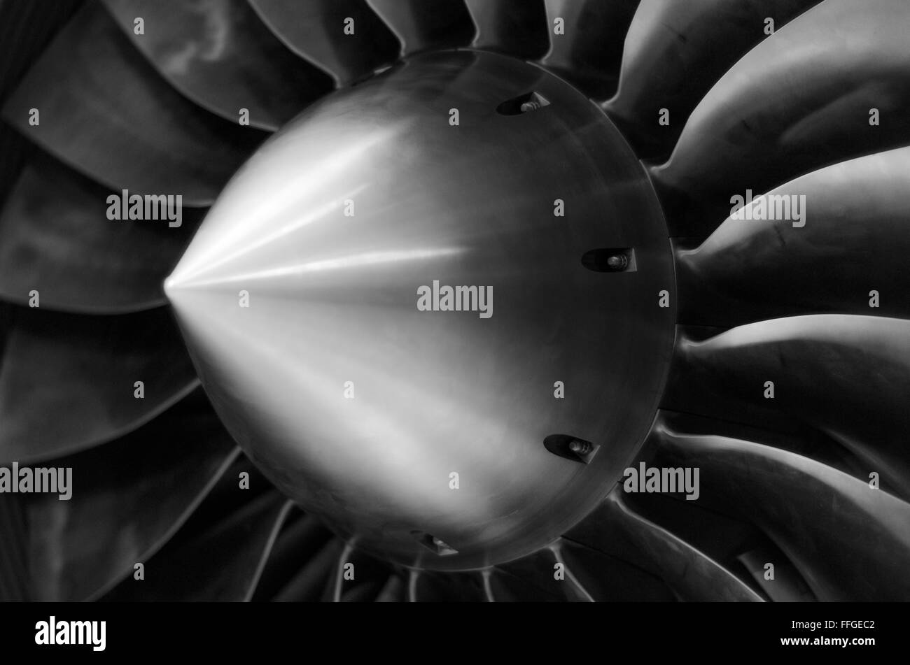 Close up view of an airplane turbine in black and white Stock Photo