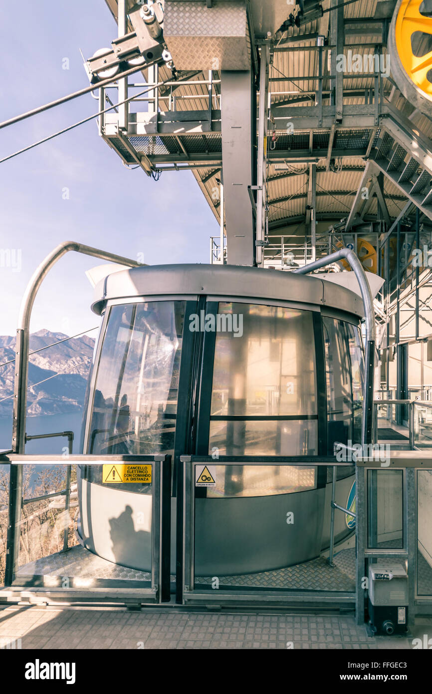 Cabin of a cableway stop at mountain station. Stock Photo