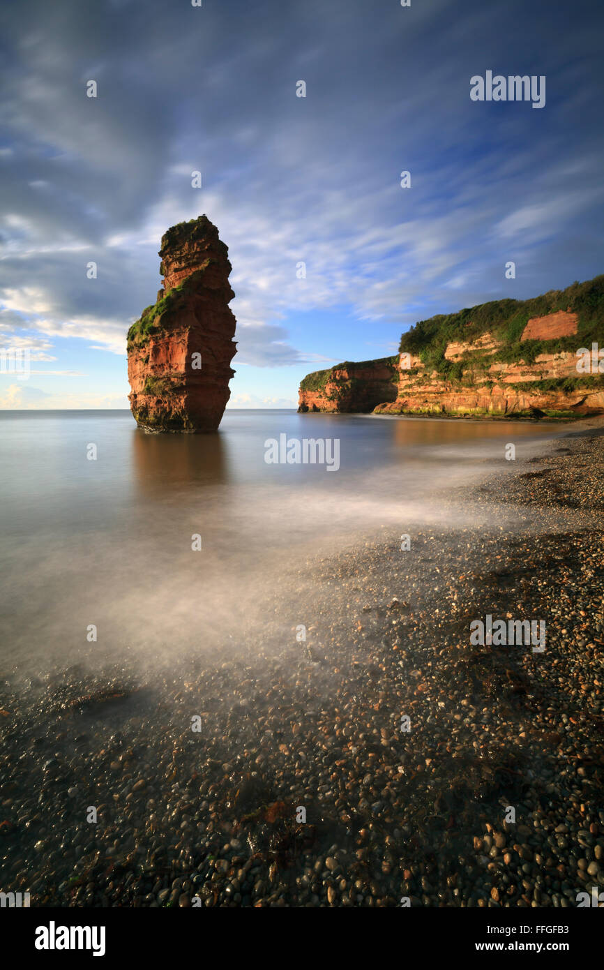 A sandstone sea stack at Ladram Bay near Sidmouth in South East Devon, bathed in early morning light in mid September. Stock Photo