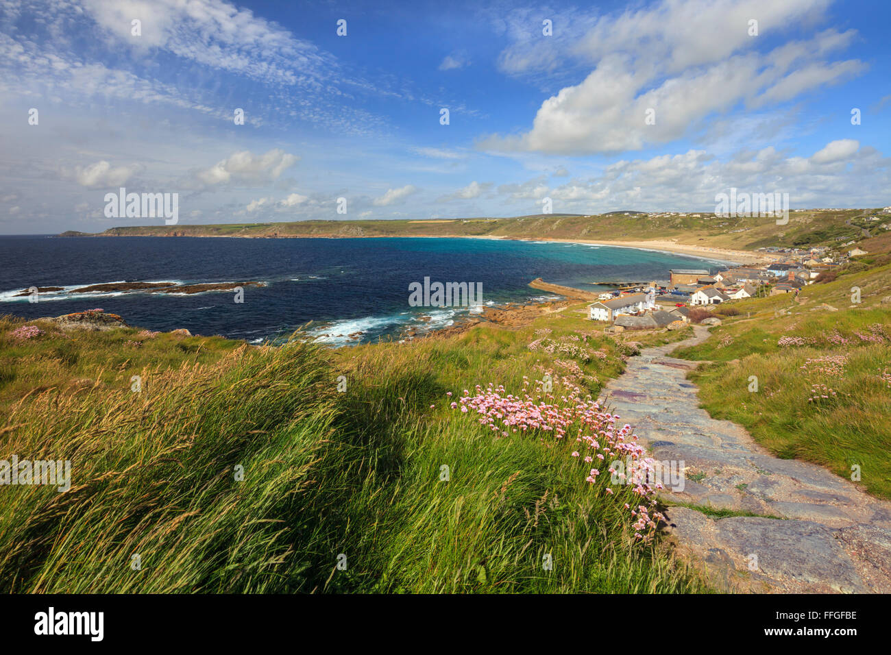 Sennen Cove captured from the South West Coast Path. Stock Photo