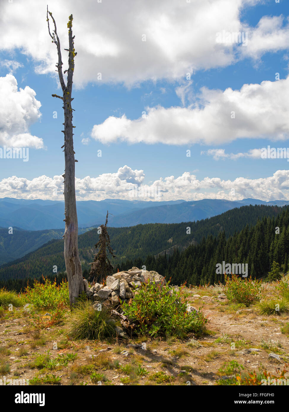 A rock cairn marks 'Indian Post Office,' a place along the Lolo Trail where messages were left. Clearwater National Forest, Idah Stock Photo