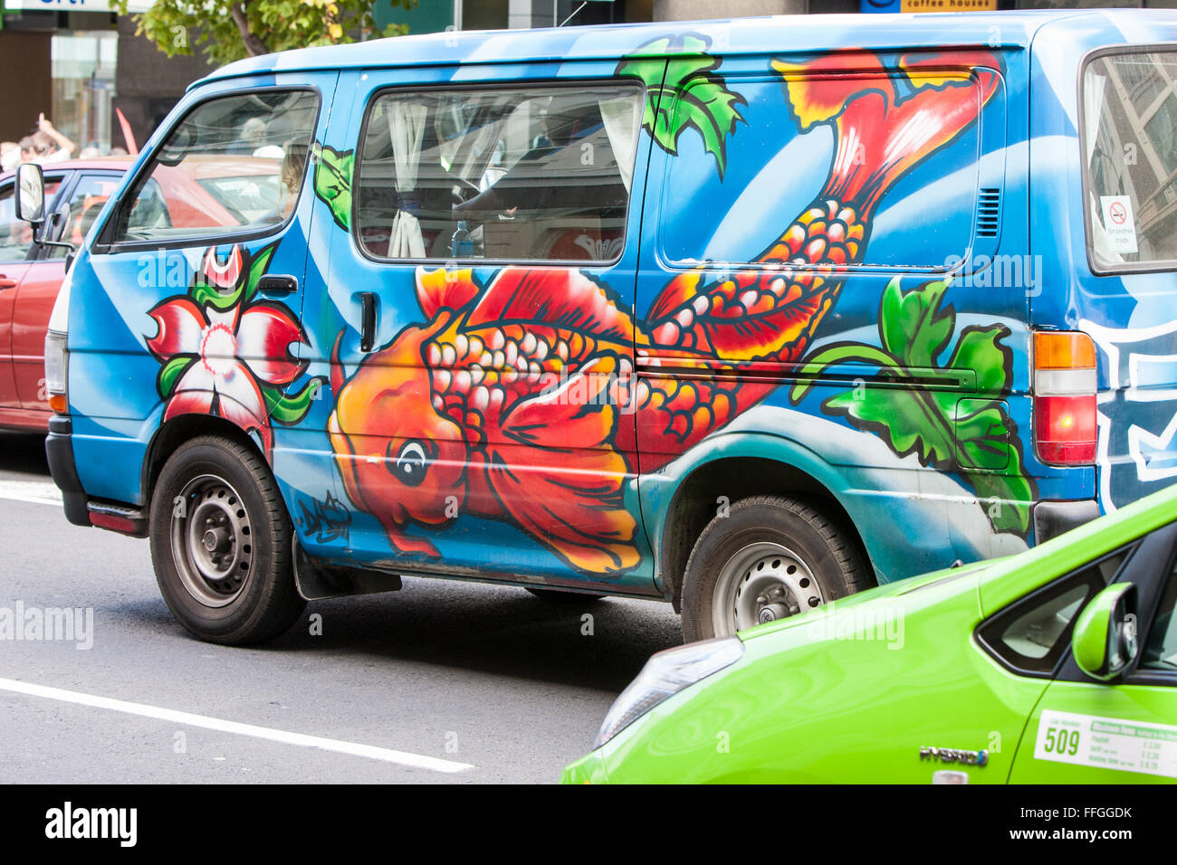 Colourfully colorfully painted,grafitti,graffiti,van,vehicle,car, campervan  vehicle in centre of Auckland,New Zealand Stock Photo - Alamy