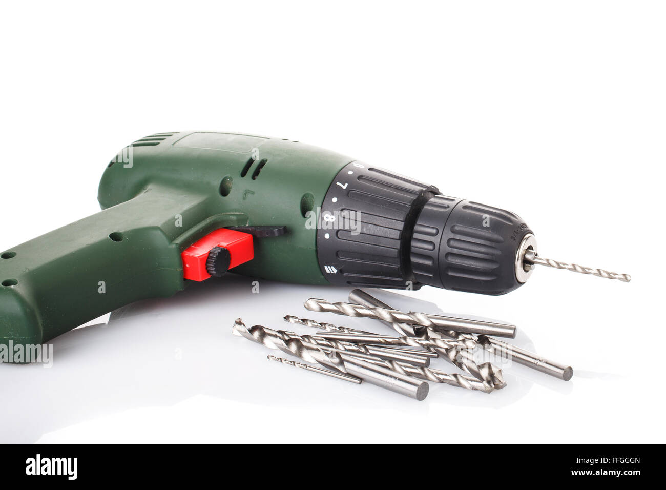 Drill and set of drill bits with screws Stock Photo Alamy