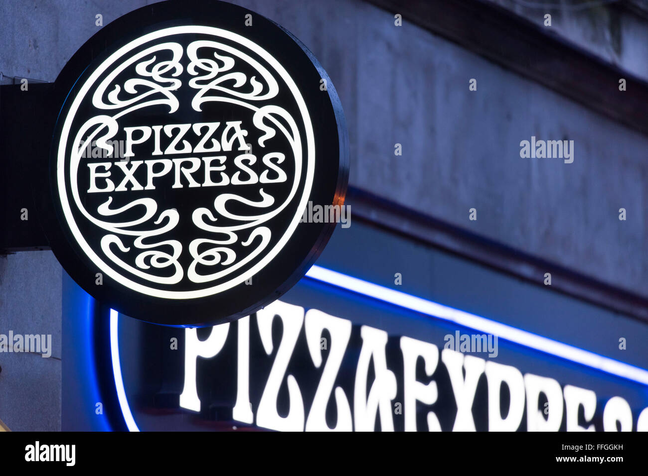 Pizza Express restaurant sign logo brand. Stock Photo