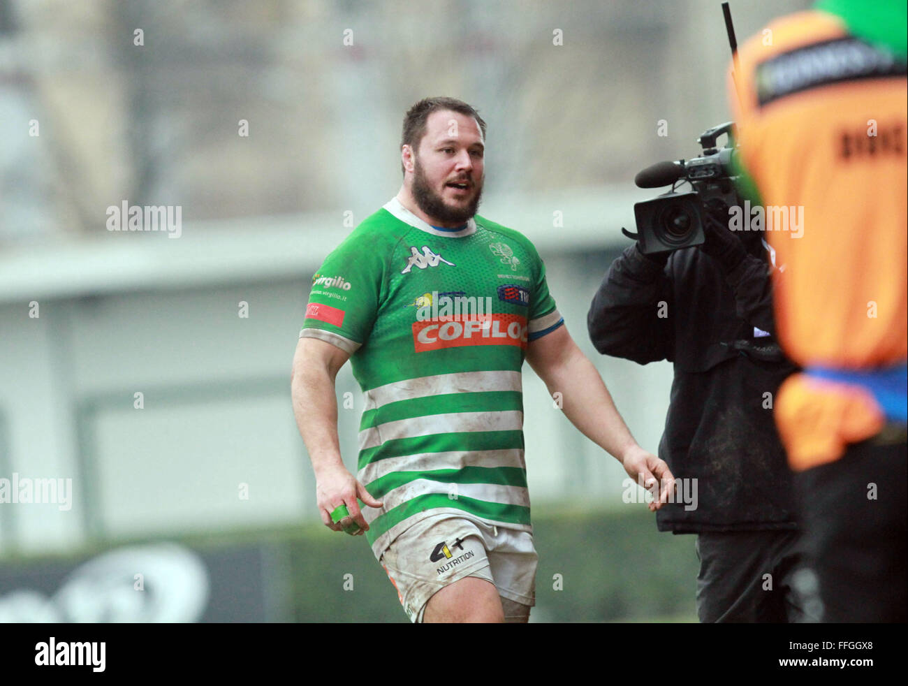 Treviso, Italy. 13th Feb, 2016. Benetton Treviso's player Alberto De Marchi  leave the field during Rugby Guinness Pro12 match between Benetton Treviso  and Cardiff Blues . Benetton Treviso beats Cardiff Blues 13-7