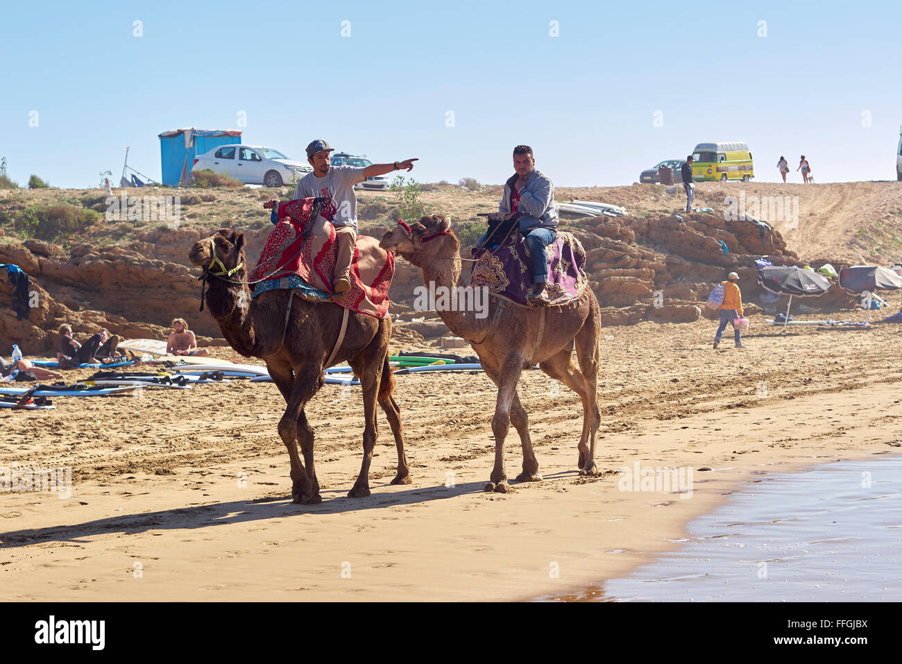 Camel rides - Tamraght beach, Morocco, Africa Stock Photo