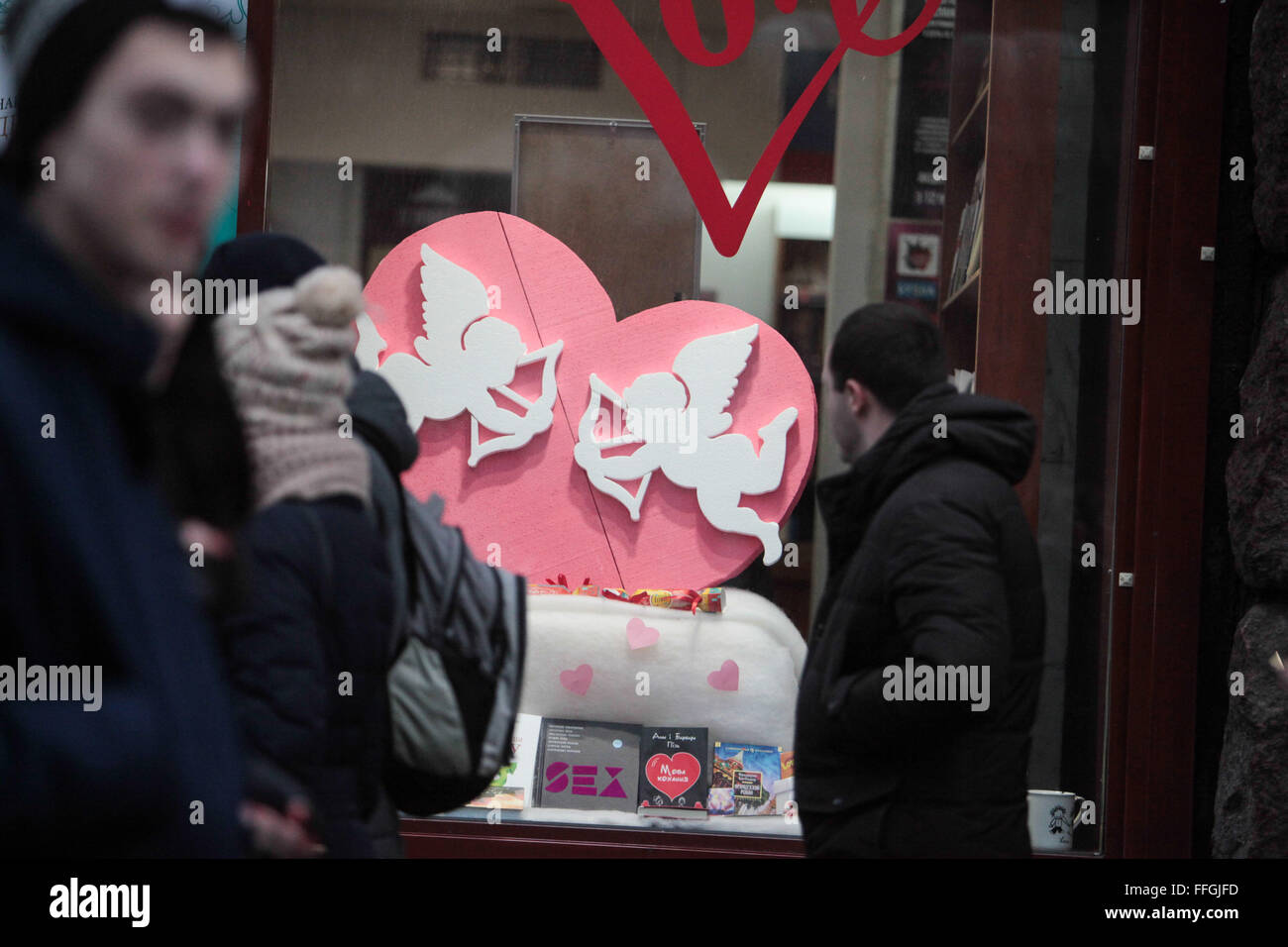 Kiev, Ukraine. 13th Feb, 2016. Poster for Valentine's Day on