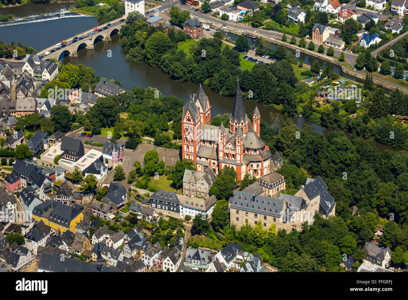 Aerial view, Limburger chateau, overlooking the old town of Limburg on the Limburg Cathedral, seen the magnificent building Stock Photo