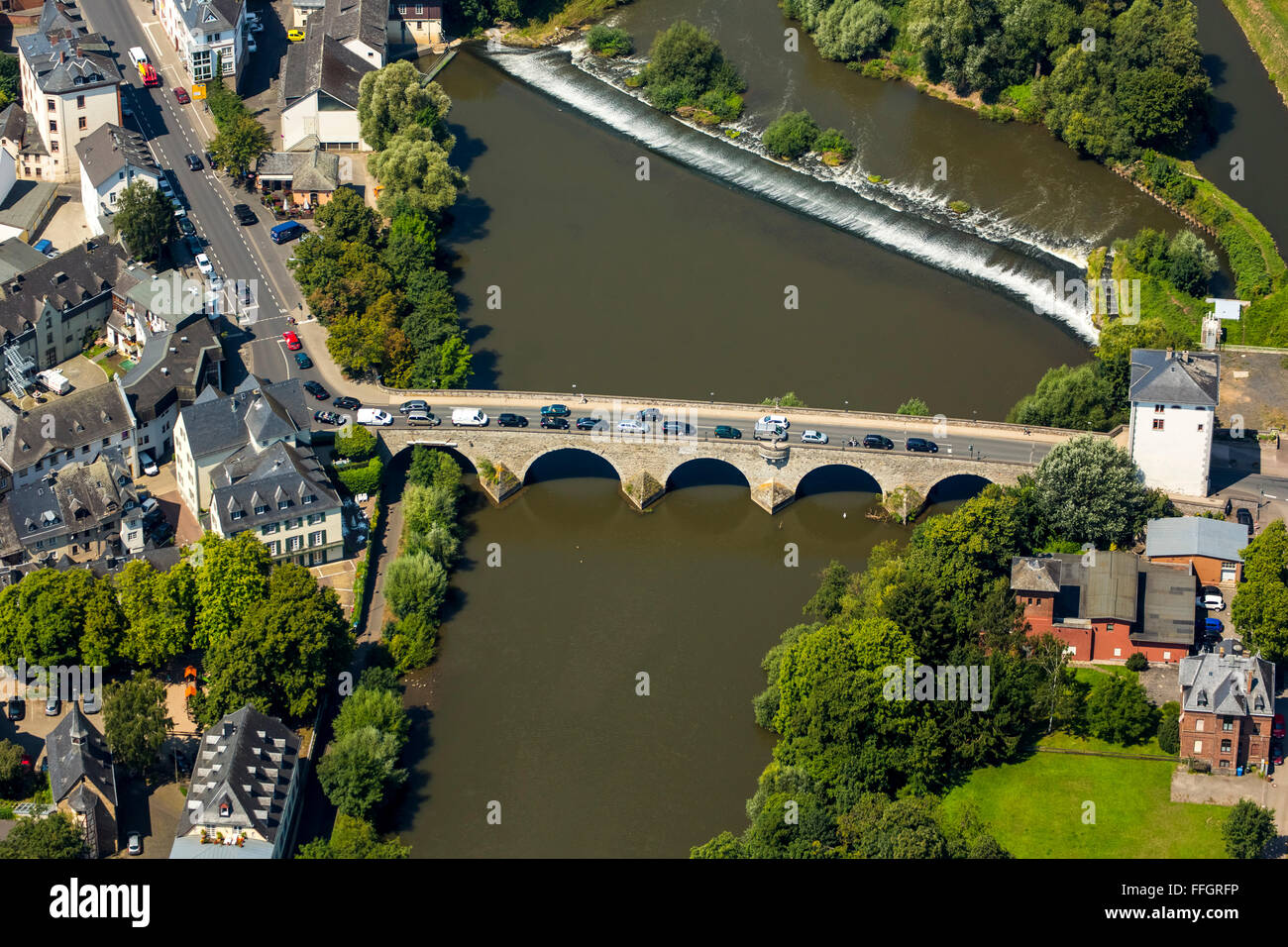 Aerial, Old Lahn Bridge, Lahn, Limburg an der Lahn, county town of the district of Limburg-Weilburg, Hesse, Germany, Europe, Stock Photo