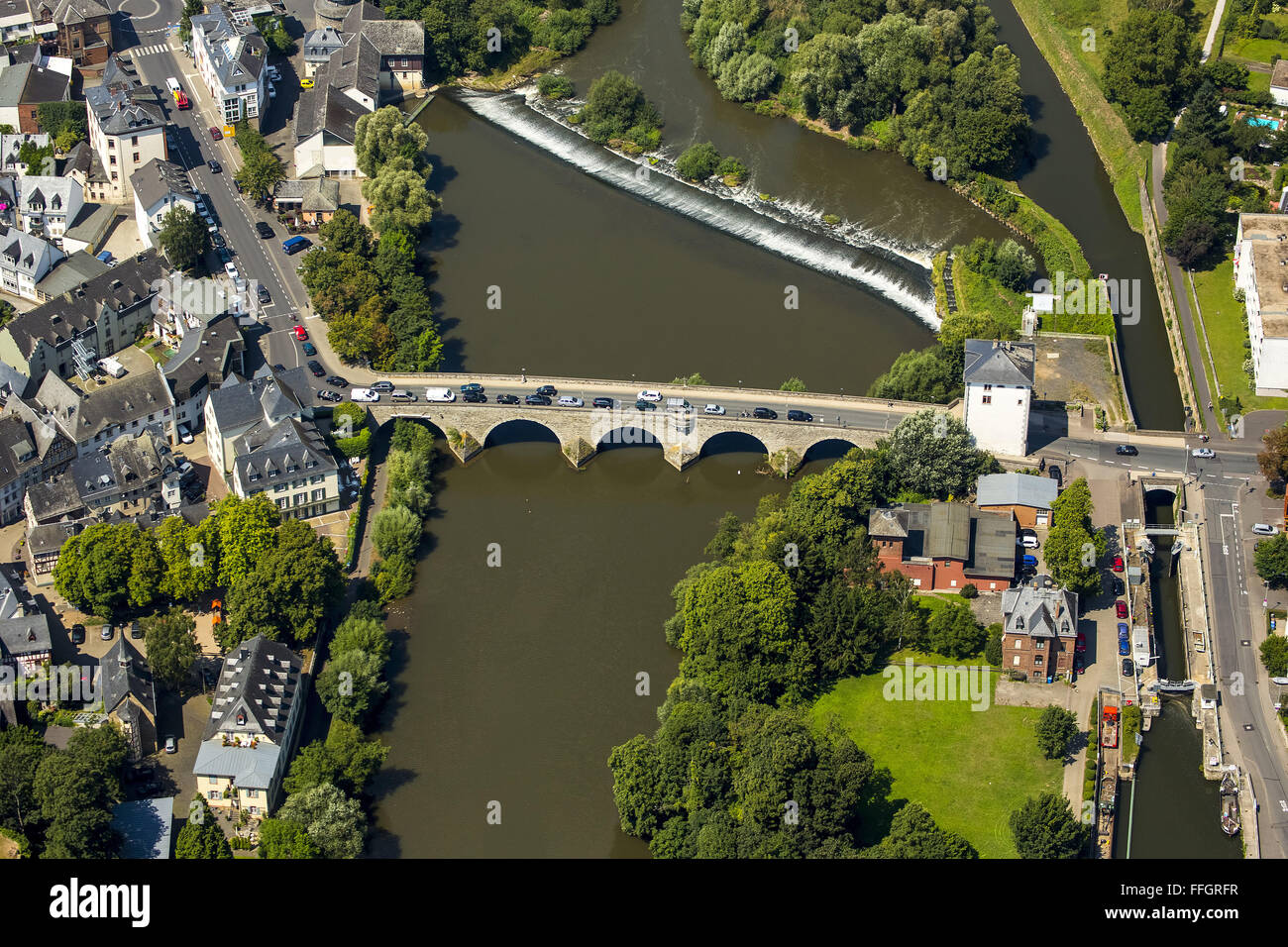 Aerial, Old Lahn Bridge, Lahn, Limburg an der Lahn, county town of the district of Limburg-Weilburg, Hesse, Germany, Europe, Stock Photo