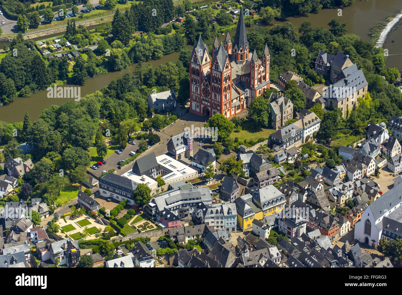 Aerial view, overlooking the old town of Limburg on the Limburg Cathedral, Limburg an der Lahn, county town of the district Stock Photo