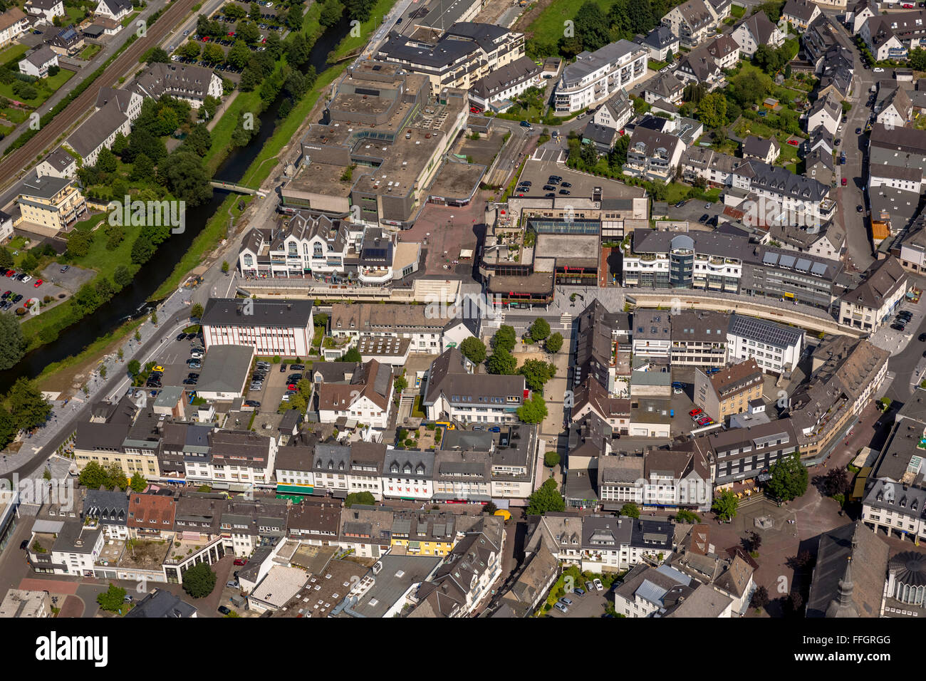 Aerial view, center of Meschede open Henne at Sparkasse, Meschede, Sauerland, North Rhine-Westphalia, Germany, Europe, Aerial Stock Photo