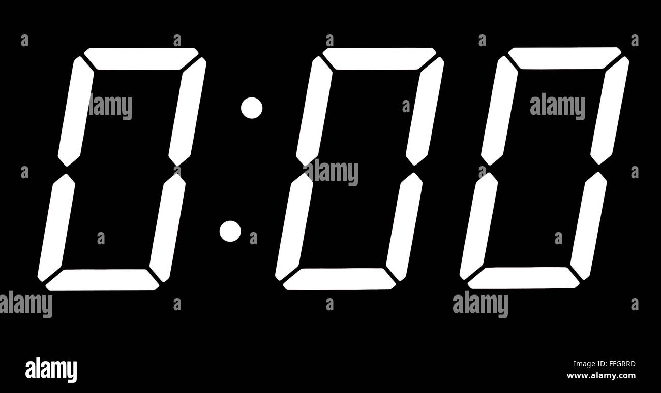 Digital clock show zero hours zero minutes. Isolated on the black background Stock Photo