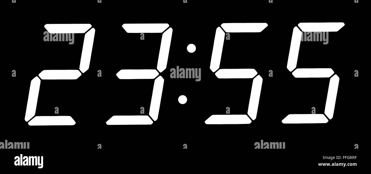 Digital clock show five minutes to twelve. Isolated on the black background Stock Photo