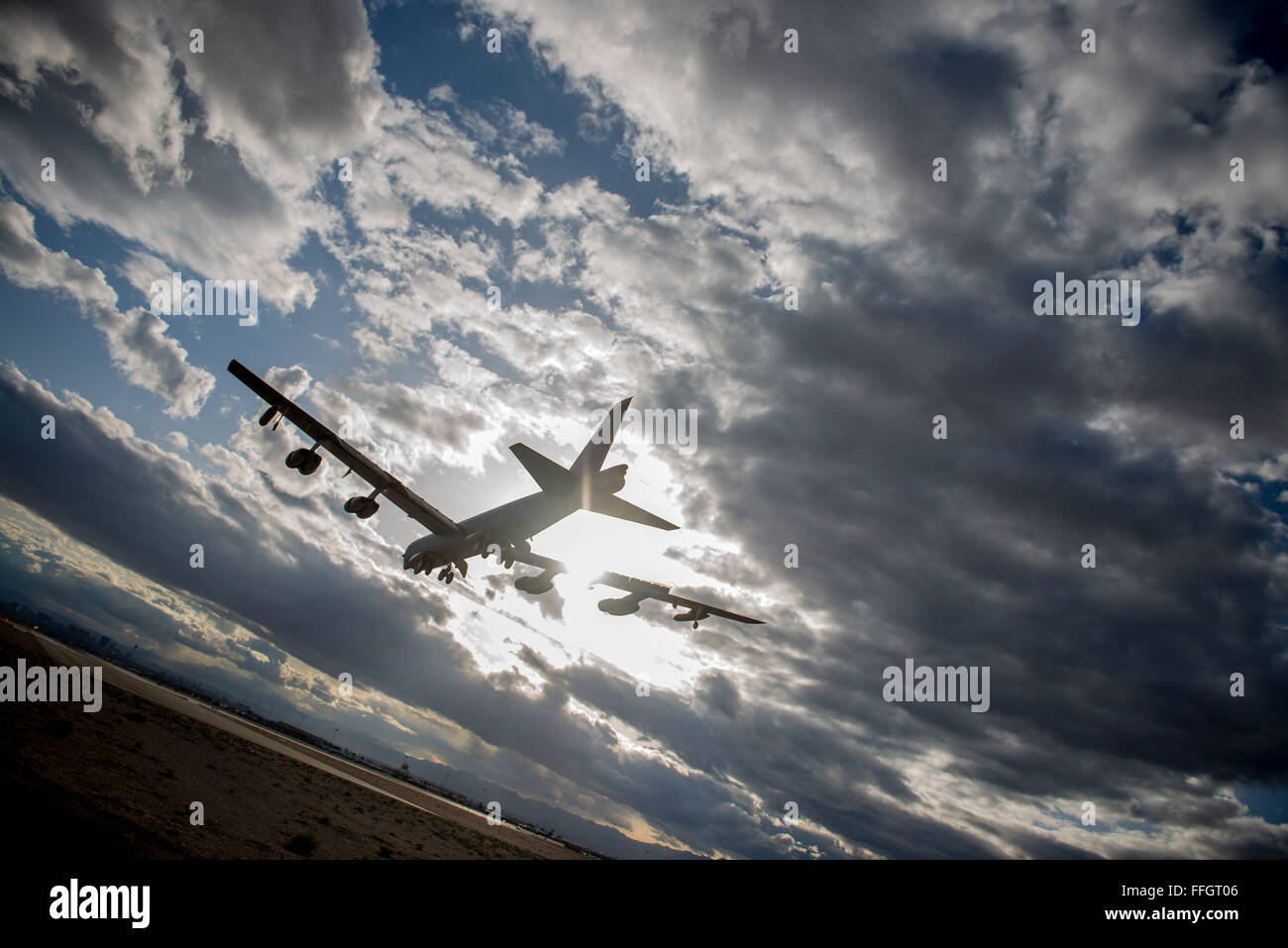 A B-52 Stratofortress returns from a training mission during Red Flag 15-2 at Nellis AFB, NV. U.S. Air Force Stock Photo
