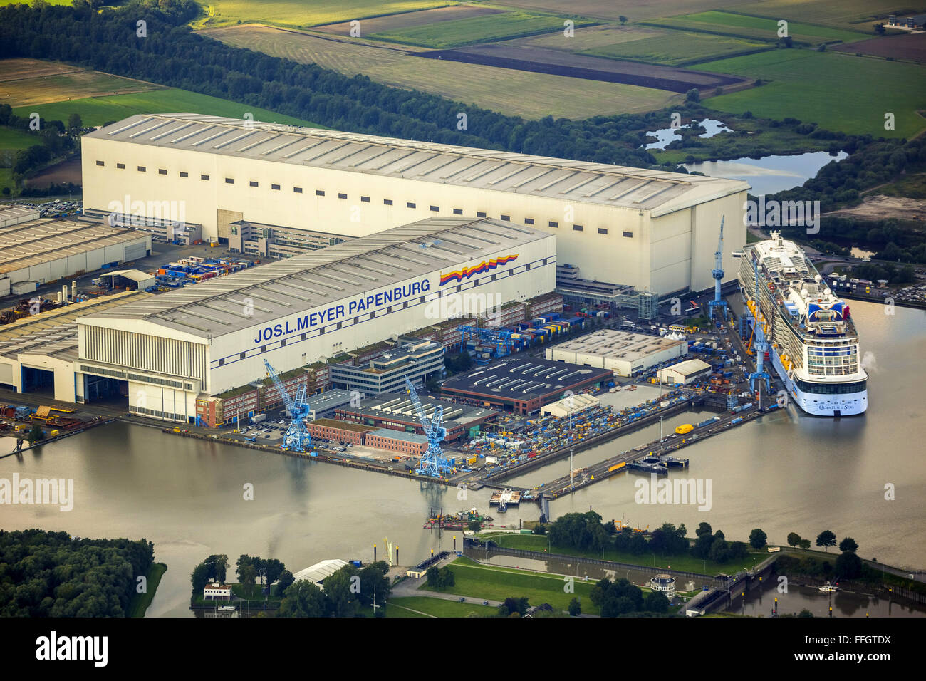 Aerial view, Shipyard, Papenburg Emshaven with Jos.L. Meyer Werft with the cruise ship Quantum of the seas, RoyalCaribbean, Stock Photo