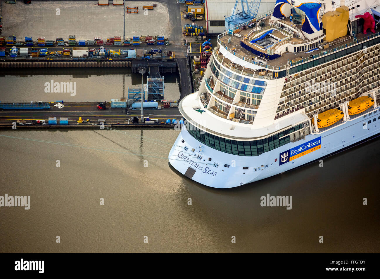 Aerial view, Shipyard, Papenburg Emshaven with Jos.L. Meyer Werft with the cruise ship Quantum of the seas, RoyalCaribbean, Stock Photo