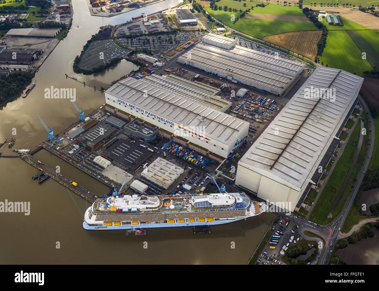 Aerial view, Shipyard, Papenburg Emshaven with Jos.L. Meyer Werft with the cruise ship Quantum of the seas, RoyalCaribbean, Stock Photo
