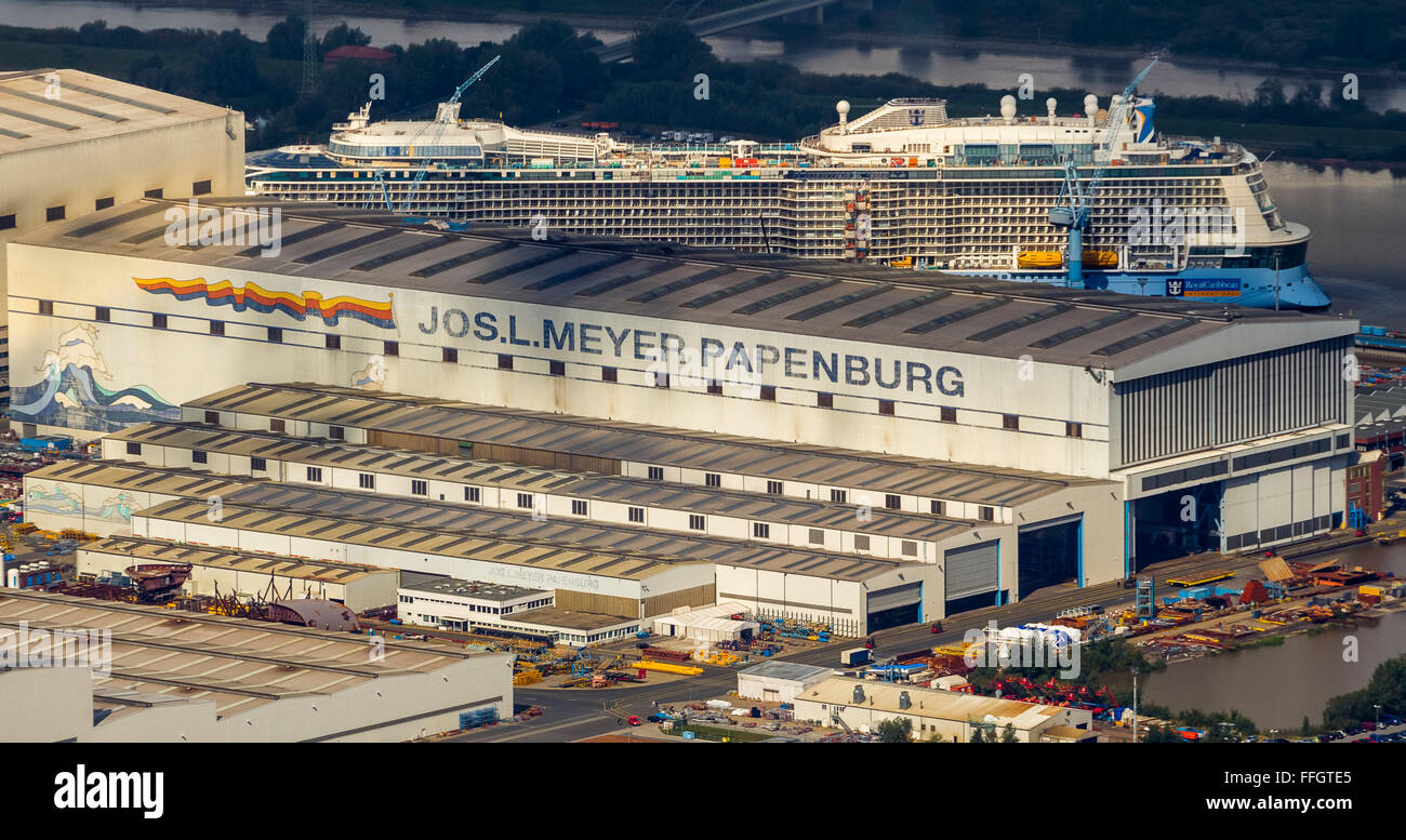 Aerial view, Shipyard, Papenburg Emshaven with Jos.L. Meyer Werft with the cruise ship Quantum of the seas, RoyalCaribbean, Pap Stock Photo