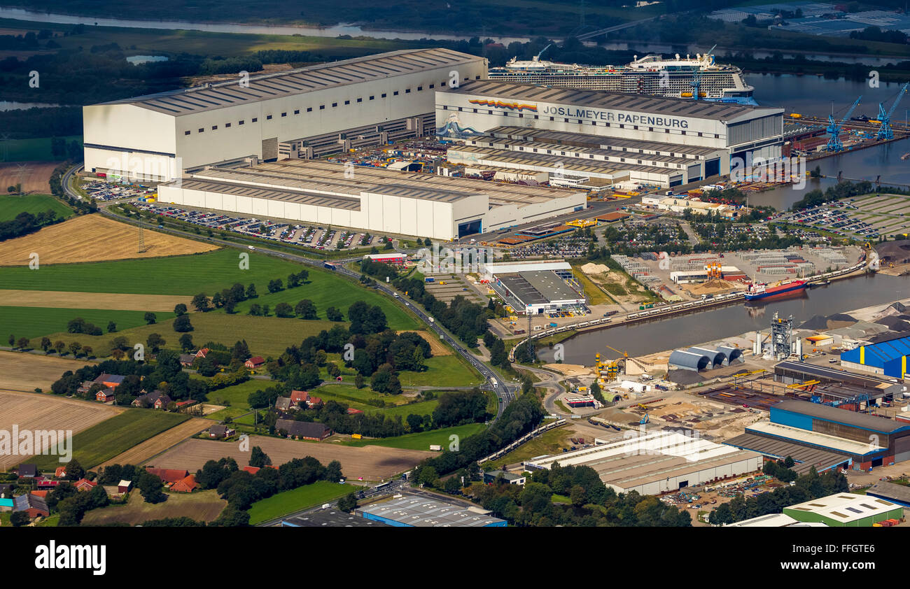 Aerial view, Shipyard, Papenburg Emshaven with Jos.L. Meyer Werft with the cruise ship Quantum of the seas, RoyalCaribbean, Pap Stock Photo