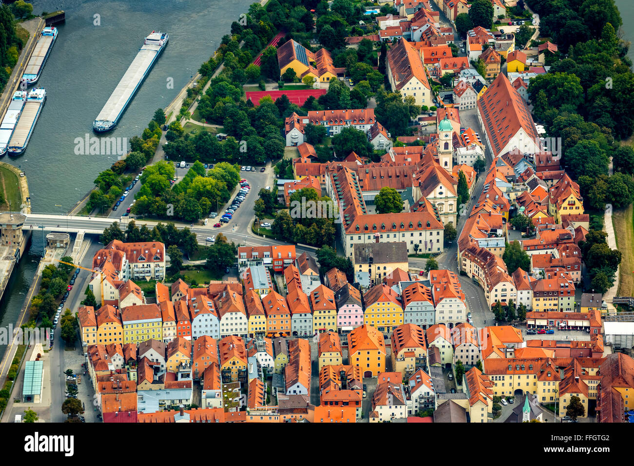 Aerial view, gabled house, gabled house ensemble Stadtamhof and Church St.Mang with University of Catholic Church Music Stock Photo
