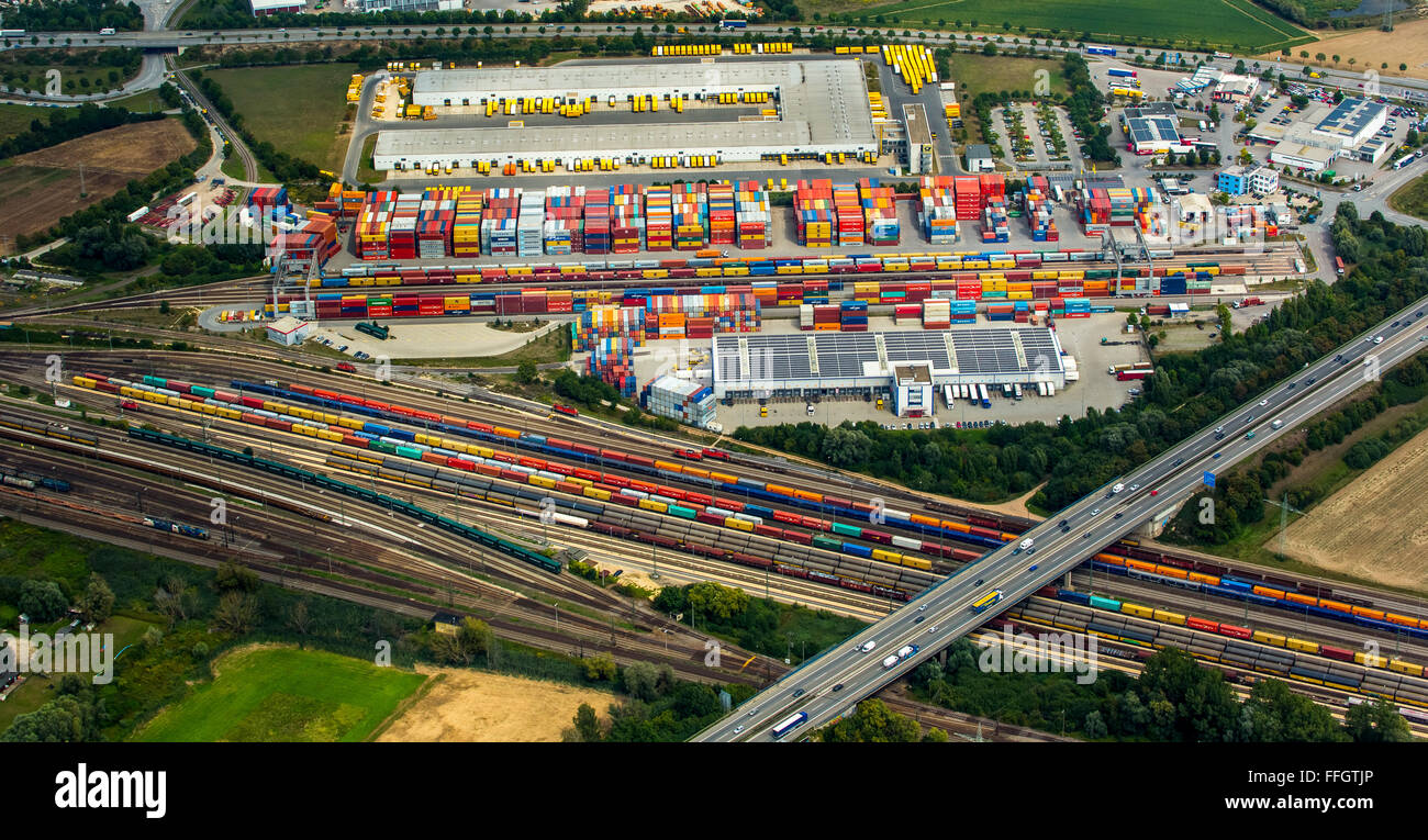 Aerial view, Container Terminal Regensburg, Umschlagbahnhof Regensburg, gantry cranes, logistics, transportation, Regensburg, Stock Photo