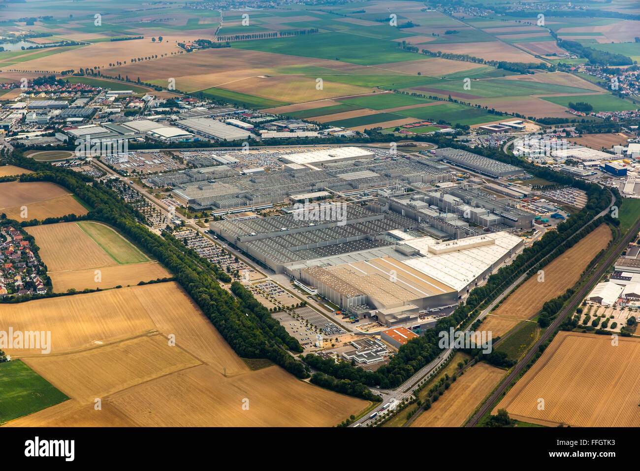 Aerial view, BMW factory Regensburg, automotive plant, car factory, Bavarian Motor Works factory Regensburg,, Obertraubling Stock Photo