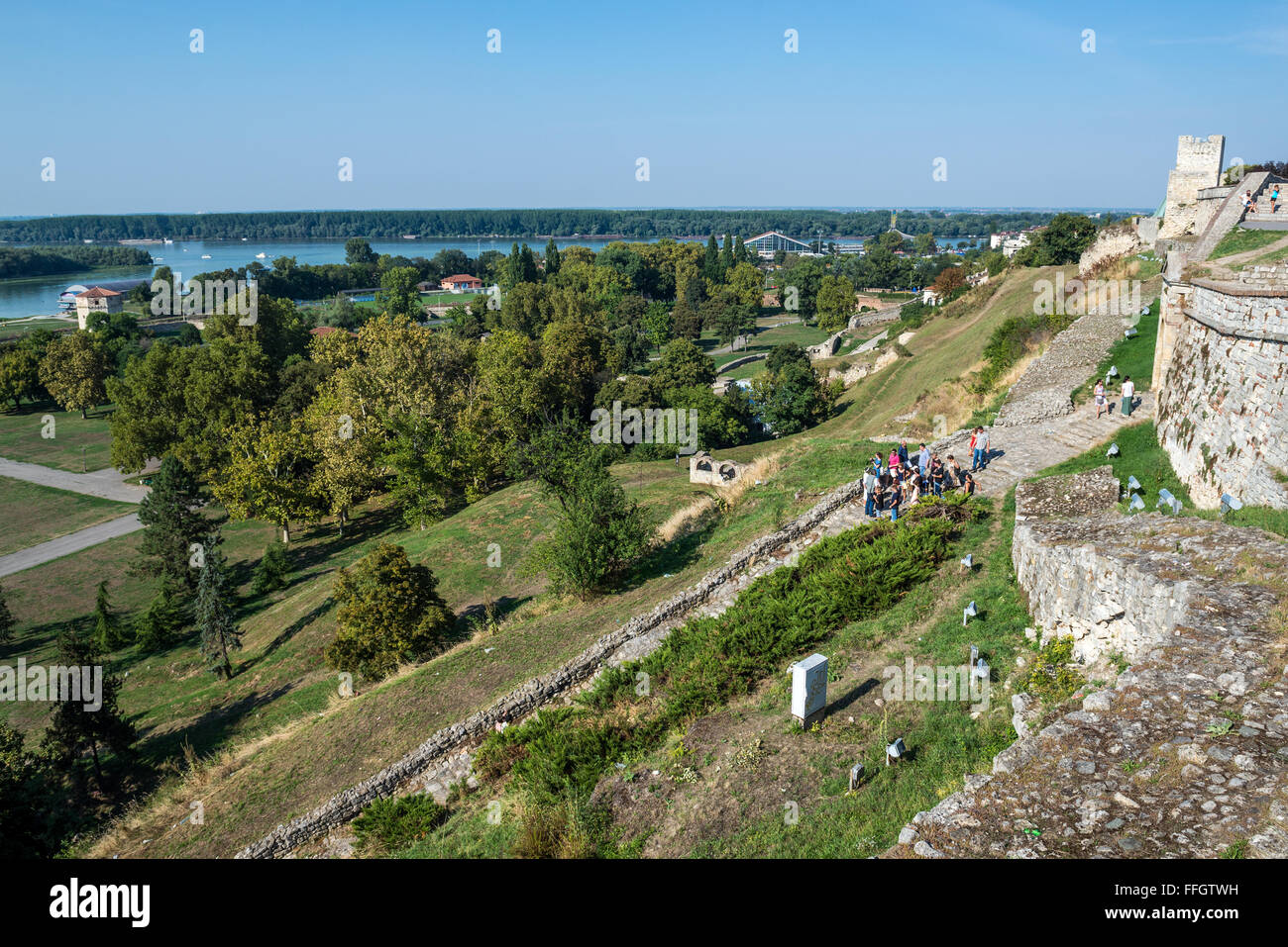 Ruins of Upper City of Belgrade Fortress, Belgrade, Serbia. View with Danube River and Despot Stefan Tower (right) Stock Photo