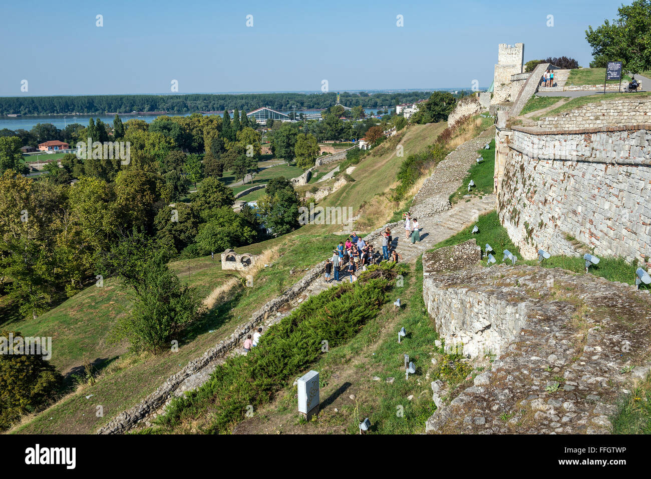 Ruins of Upper City of Belgrade Fortress, Belgrade, Serbia. View with Danube River and Despot Stefan Tower (right) Stock Photo