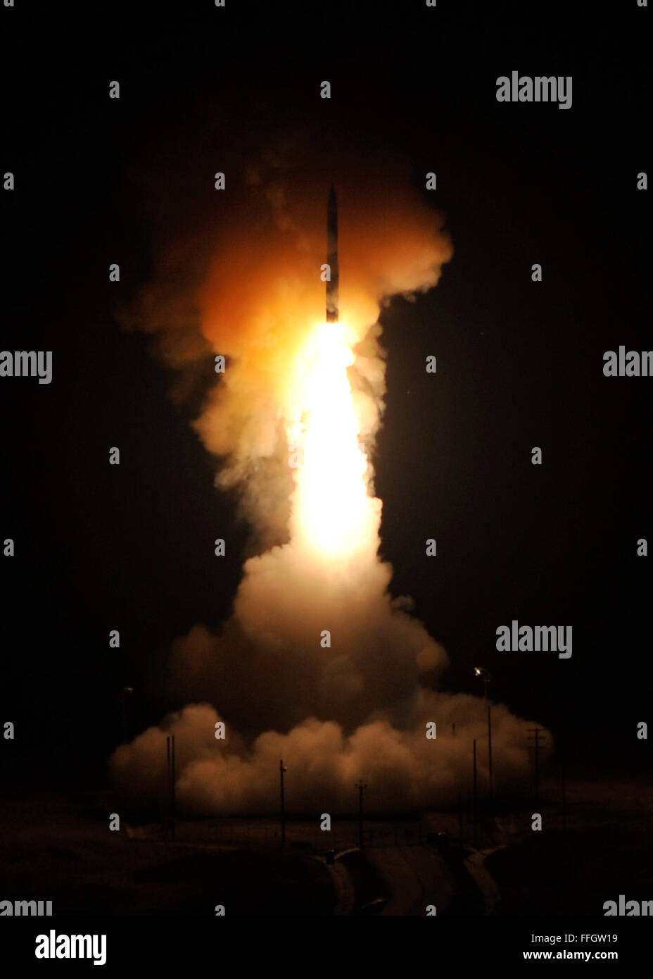 VANDENBERG AIR FORCE BASE , Calif. -- An Air Force Global Strike Command Minuteman III intercontinental ballistic missile with a simulated re-entry vehicle was launched during an operational test at 3:01 a.m. on Sunday, Sept. 22, from Launch Facility 10 on North Vandenberg. Col. Keith Balts, 30th Space Wing commander, was the launch decision authority. Stock Photo