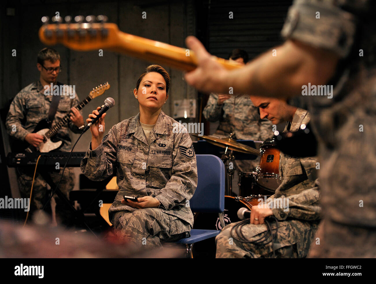 The 571st Air Force Band rock ensemble Sidewinder rehearses during a monthly unit training assembly at the band's headquarters in St. Louis, Mo. Stock Photo