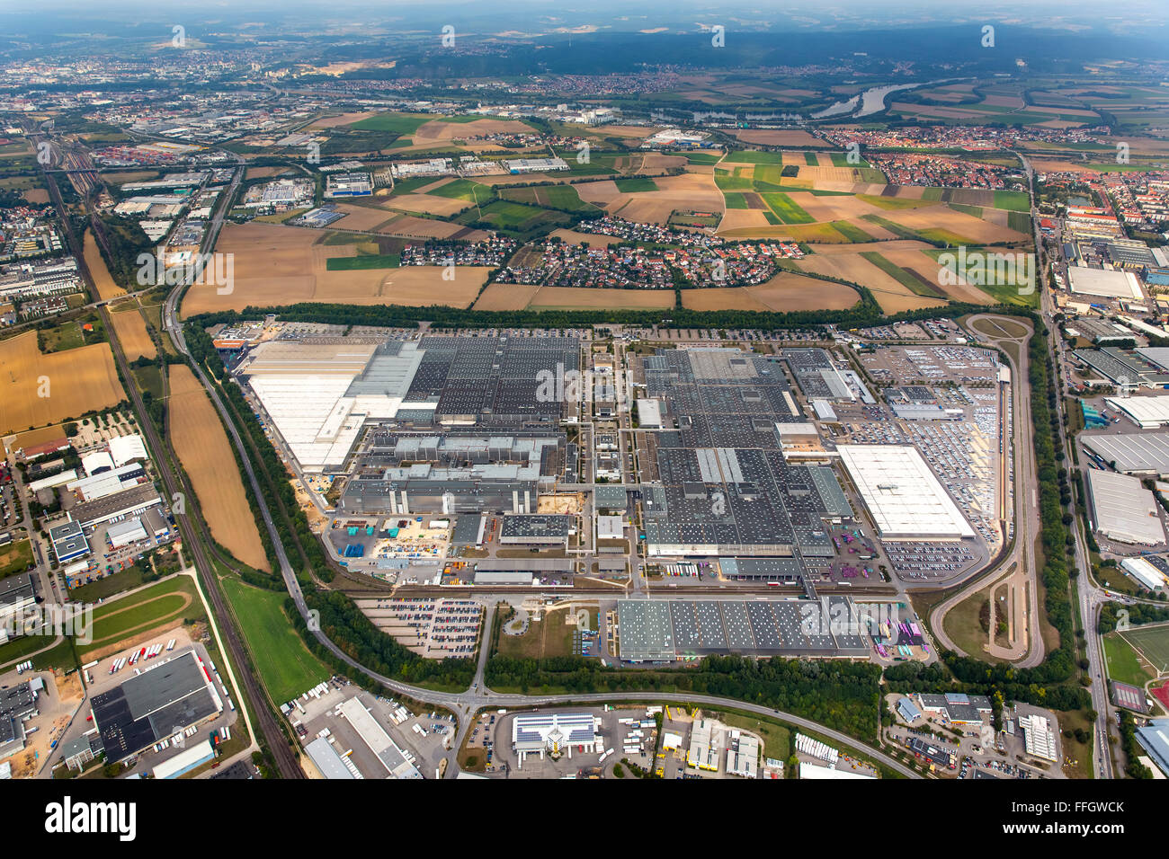 Aerial view, BMW factory Regensburg, automotive plant, car factory, Bavarian Motor Works factory Regensburg,, Obertraubling Stock Photo