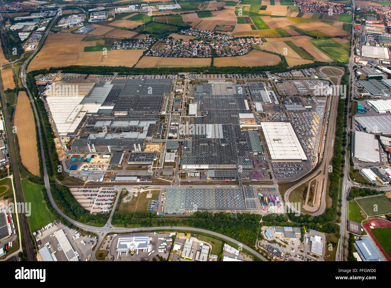Aerial view, new car parking, car dealer, BMW cars, BMW Plant Regensburg, automotive plant, car factory, Bavarian Motor Works Stock Photo