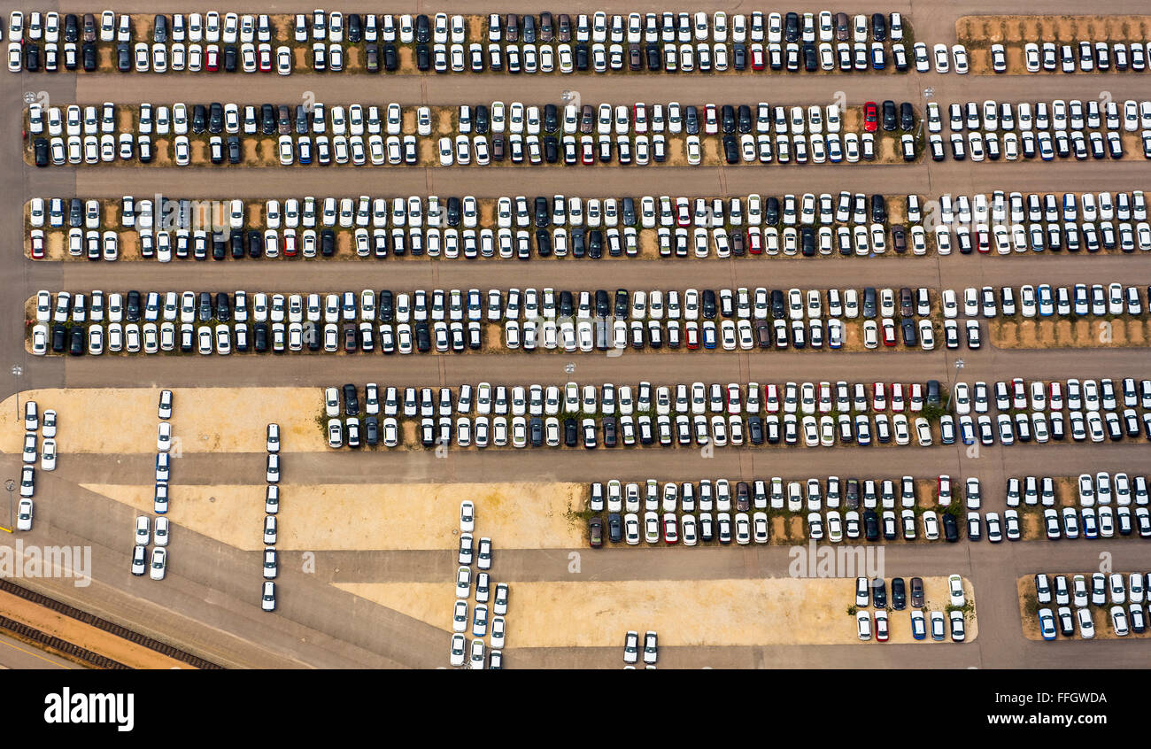 Aerial view, new car parking, car dealer, BMW cars, BMW Plant Regensburg, automotive plant, car factory, Bavarian Motor Works Stock Photo