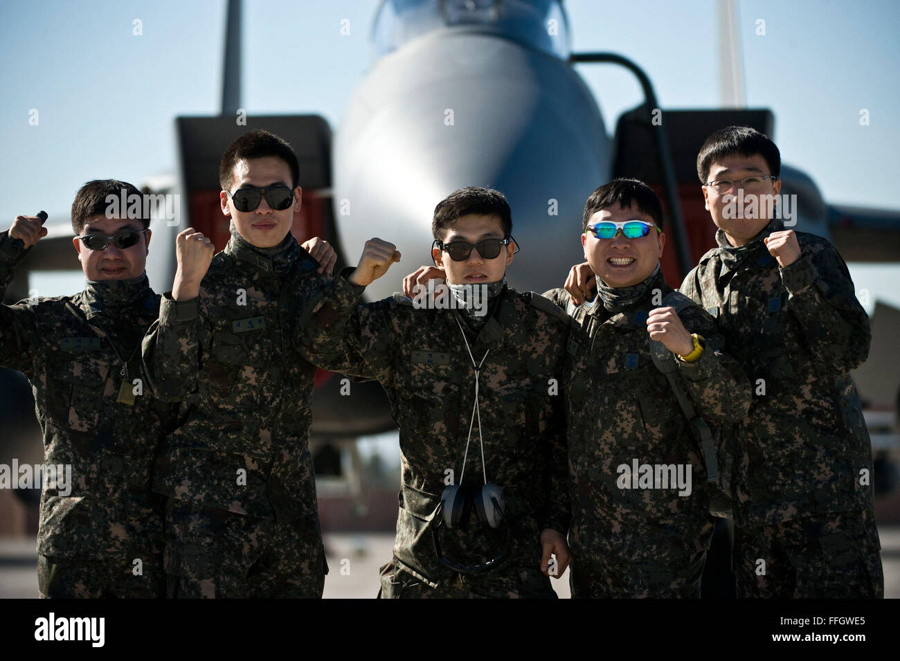 Republic of Korea Air Force Airmen pose for a photo during Red Flag 12-2 at Nellis Air Force Base, Nev. Red Flag is a realistic combat training exercise involving the air forces of the United States and its allies. The exercise is hosted north of Las Vegas on the Nevada Test and Training Range. Stock Photo