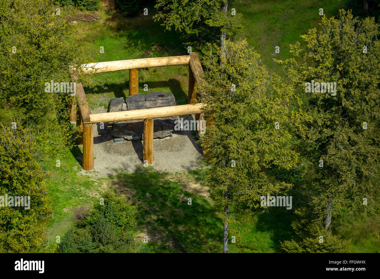 Aerial view, art installation, 'Stone-Age-Man' by Nils-Udo, Bad Berleburg, Sauerland, North Rhine-Westphalia, Germany, Europe, Stock Photo