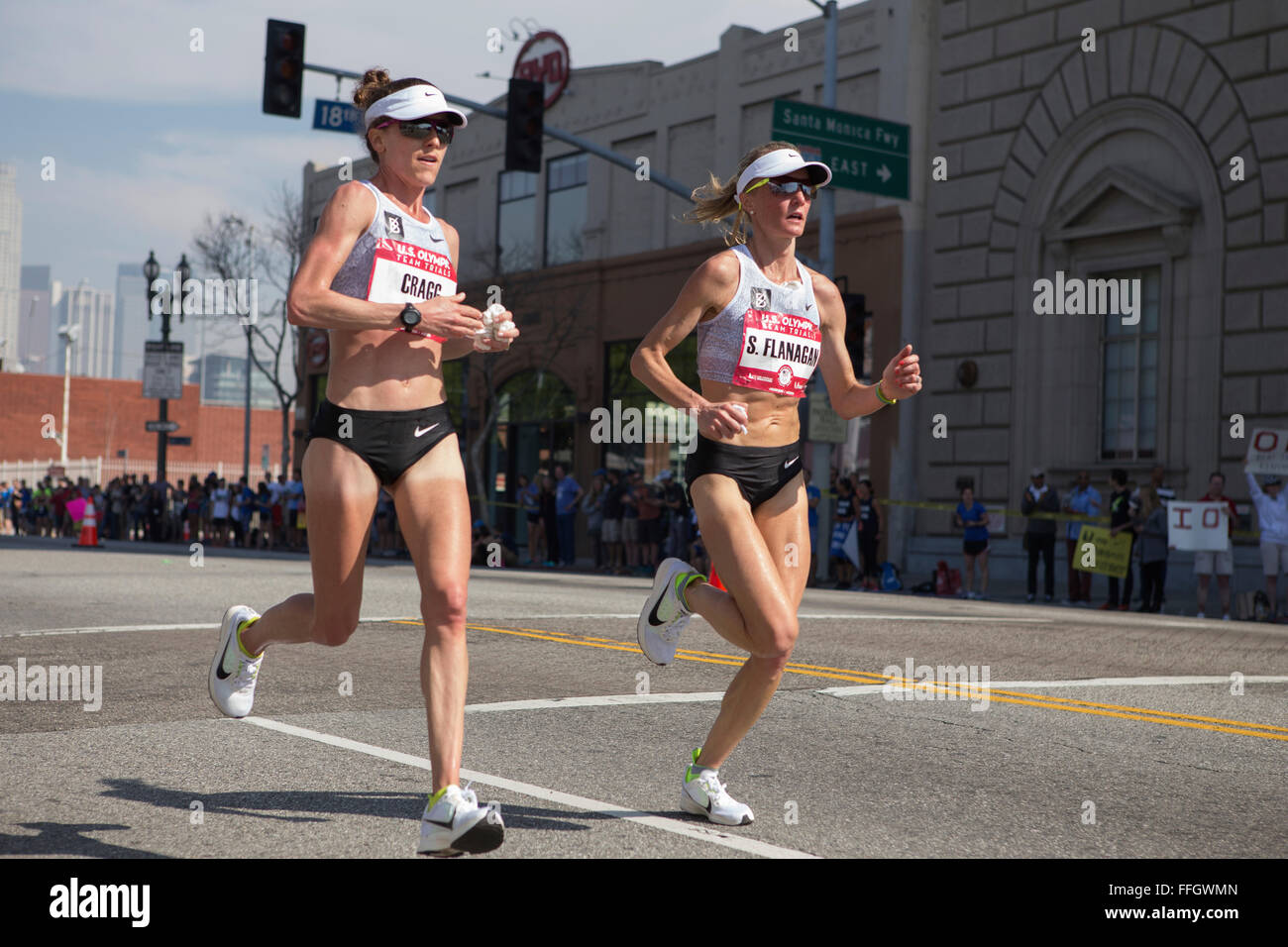 LA, California, USA. 13th Feb, 2016. Amy Cragg and Shalane  Flanagan lead the women's race in the  U.S. Olympic Team Trials—Marathon Stock Photo