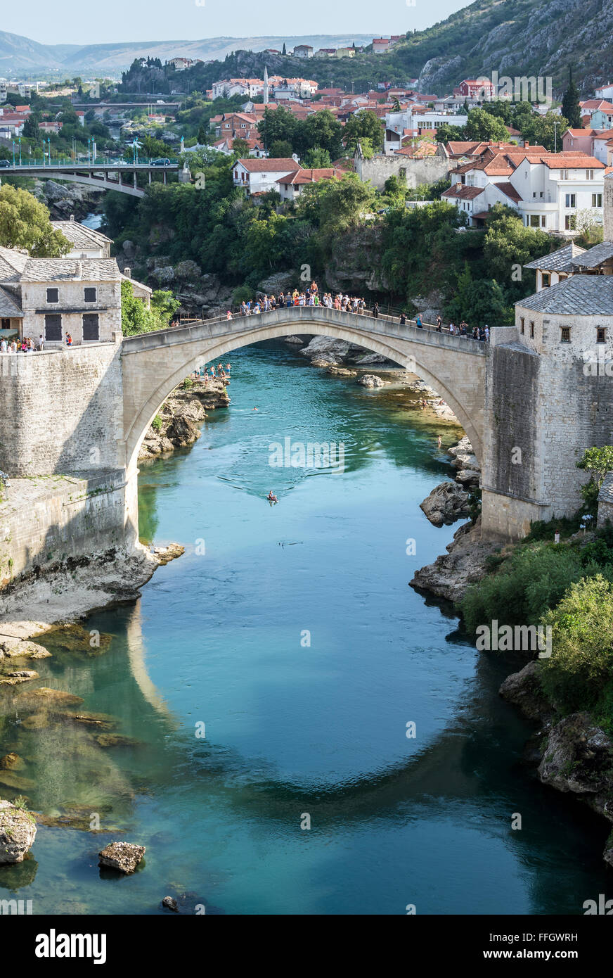 Aerial view on Mostar Old Town and most famous city landmark Stari Most ...