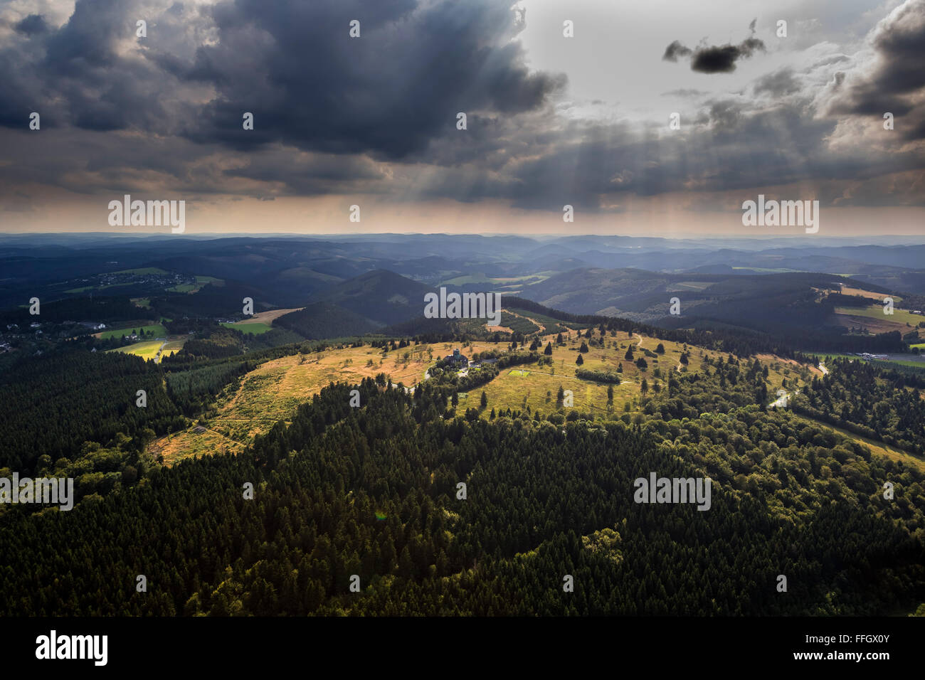 Aerial view, Kahler Asten low cloud cover, heathland, nature reserve, Astenturm, weather station Asten, Winterberg, Sauerland, Stock Photo