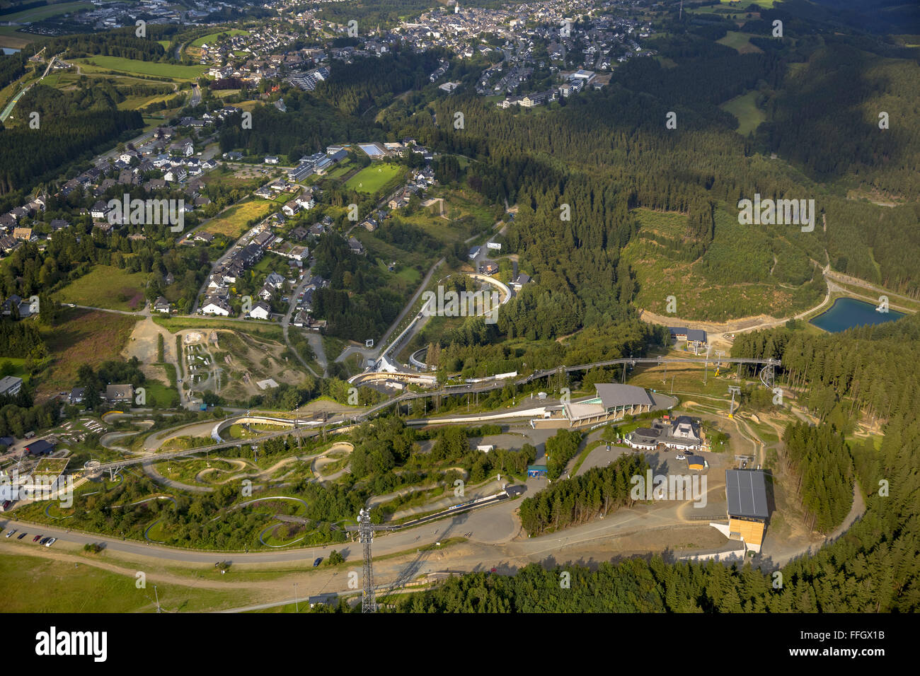 Aerial view, Winterberg bobsleigh, VELTINS EisArena, ice rink for the luge, skeleton and Aerial view, Winterberg bobsleigh, VELTINS EisArena, ice rink for the luge, skeleton and