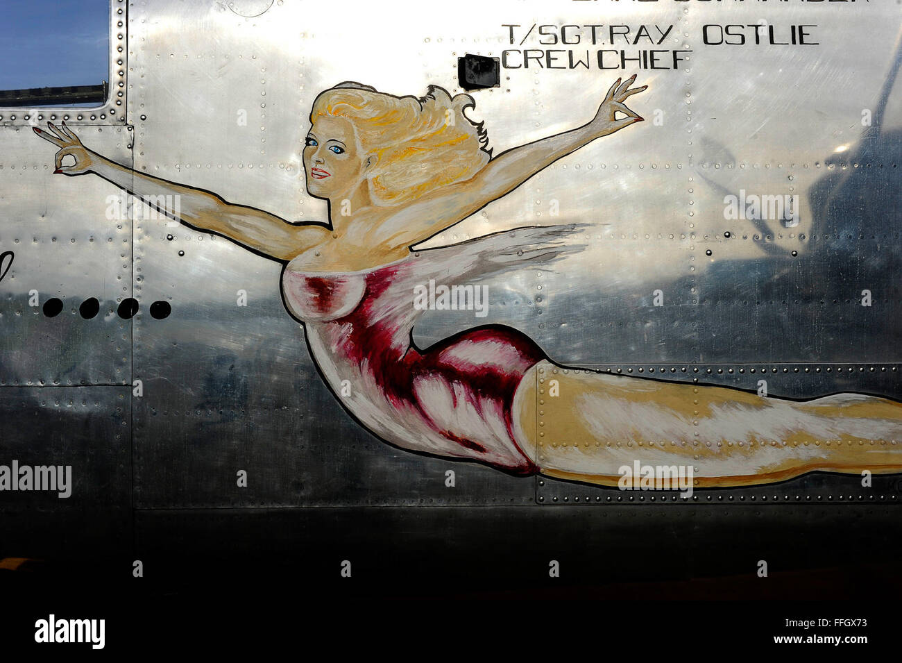 The nose art of the MIss MItchell, an original Doolittle Tokyo Raiders B-25 Mitchell bomber, was featured at the 70th reunion of the Raiders at Wright-Patterson Air Force Base, Ohio. Miss Mitchell was restored over the course of 12 years by the Commemorative Air Force, whose mission is to maintain and preserve historic warbirds in flyable condition to tell the story of our American heroes. Stock Photo